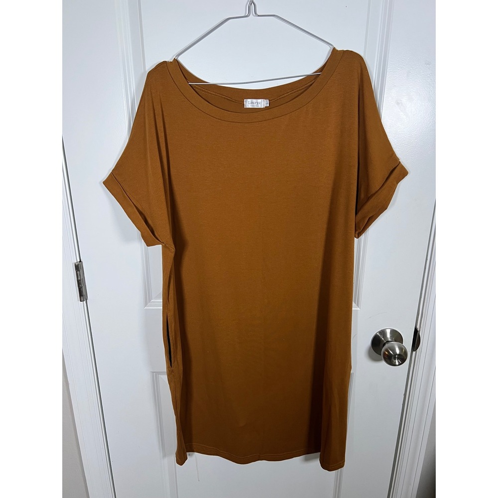 Locryz Womens T-Shirt Dress Short Sleeve Pockets Cognac Brown Size Large